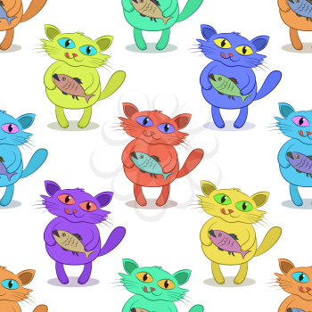 Tile Pattern, Funny Cartoon Colorful Cat with Fish, Isolated on White Seamless Background. Vector