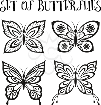 Set Butterflies Monochrome Black Pictograms Isolated on White Background. Vector
