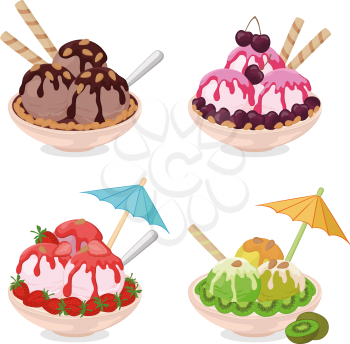 Set Cups with Ice Cream, Strawberries and Cherries, Kiwi, Almond Nuts, Wafers, Spoons and Umbrellas. Vector