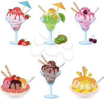 Set Glasses and Cups with Ice Cream, Chocolate, Strawberries, Kiwi, Cherries and Wafers. Eps10, Contains Transparencies. Vector