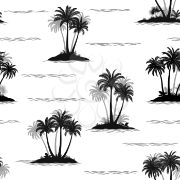 Exotic Seamless Pattern, Tropical Ocean Landscape, Islands with Palms Tree and Waves, Black and Grey Silhouettes Isolated on Tile White Background. Vector