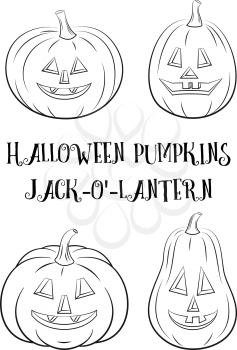Holiday Halloween Symbols, Cartoons Pumpkins Jack O Lantern Set, Black Contours Isolated on White Background. Vector