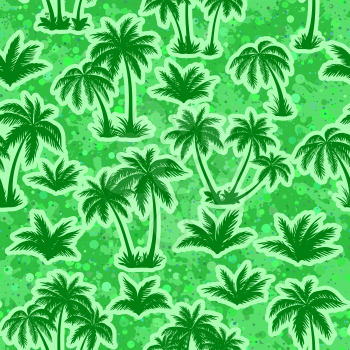 Exotic Seamless Pattern, Tropical Landscape, Palms Trees Green Silhouettes on Abstract Tile Background. Vector