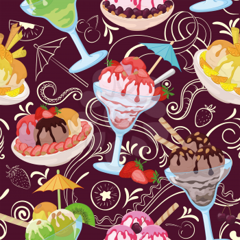 Seamless Pattern, Cups and Glasses, Ice Cream with Berries, Waffles, Nuts and Sweet Syrup on Background with White Outline Pictograms. Vector