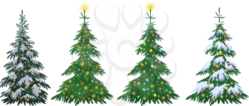 Set Christmas Holiday Fir Trees with Decorations, Stars and Snow Isolated on White Background. Vector