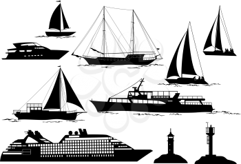 Set of Marine Vehicles and Objects on Sea and Ocean, Ship, Sailboat, Yacht, Lighthouses, Black Silhouettes Isolated on White Background. Vector