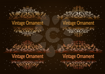 Set Decorative Golden Frames with Floral Pattern, Flowers and Butterflies Silhouettes on Night Starry Sky Background. Vector