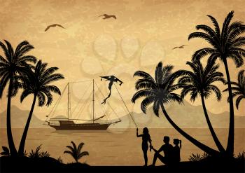 Exotic Landscape, People with Kites on Tropical Beach with Palm Trees Silhouettes, Ship In Ocean, Seagulls and Mountain Silhouettes. Vector