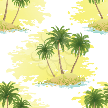 Exotic Seamless Pattern, Tropical Ocean Landscape, Islands with Palms Trees on Abstract White and Yellow Tile Background. Vector