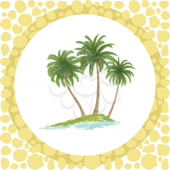 Exotic Landscape, Sea Island with Green Tropical Palm Trees and Circle Frame. Vector