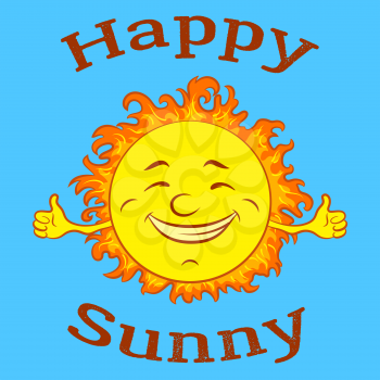 Cartoon Happy Smiling Sun on Blue Sky Background. Vector