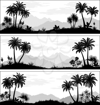 Set Exotic Landscapes, Palms Trees, Tropical Plants, Flowers and Mountains Black and Grey Silhouettes. Vector