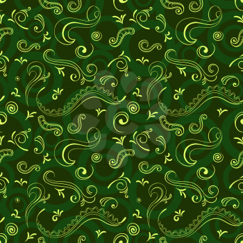 Seamless Pattern, Yellow Abstract Figures on Tile Green Background with Rings. Vector