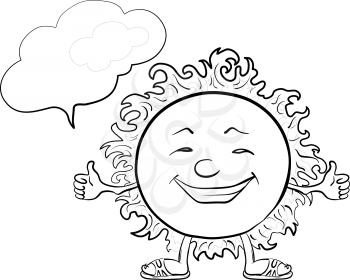 Cartoon Happy Smiling Sun with a Cloud for Your Text, Black Contours Isolated on White Background. Vector