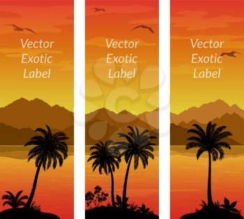 Labels with Tropical Landscape, Palms Trees and Exotic Plants Black Silhouettes on Background with Morning Sea, Mountains and Birds Gulls. Vector