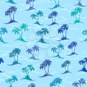 Exotic Seamless Pattern, Tropical Landscape, Sea Islands with Palms Trees Green and Turquoise Silhouettes on Blue Tile Background. Vector