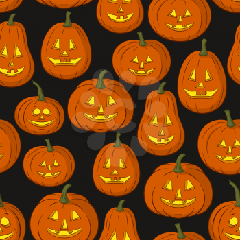 Seamless Pattern, Pumpkins Jack O Lantern, Symbol Halloween Holiday, Isolated on Tile Black Background. Vector