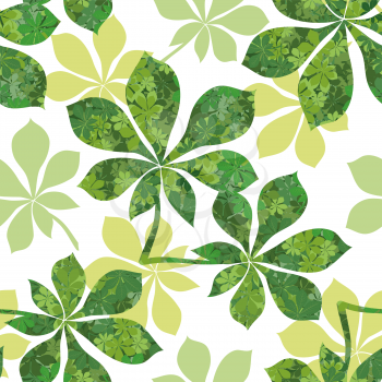Seamless Background, Chestnut Green Leaves with Pattern of Leaves and Silhouettes. Vector