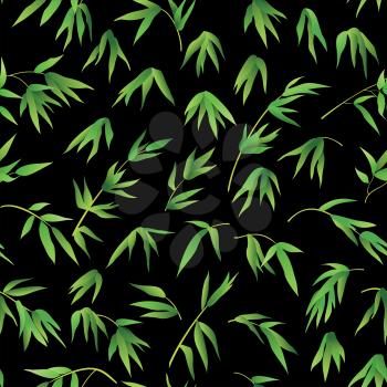 Exotic Seamless Pattern, Tropical Bamboo Plants Branches with Green Leaves on Tile Black Background. Vector