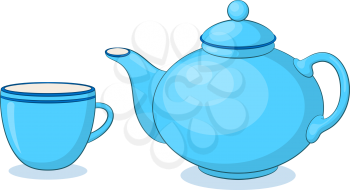 Blue China Teapot and Cup, Isolated on White Background. Vector