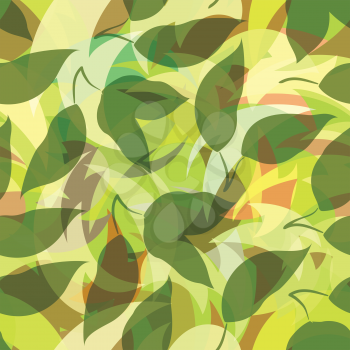 Seamless Background, Green Leaves Silhouettes on Abstract Tile Pattern. Vector