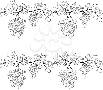 Seamless Pattern, Bunch of Grapes with Leaves and Berries Black Contour Pictograms Isolated on Tile White Background. Vector
