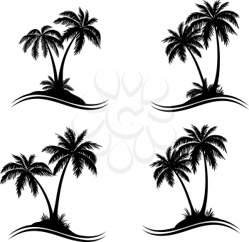 Tropical Palm Trees, Black Silhouettes and Wave Lines Isolated on White Background. Vector