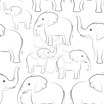 Seamless Pattern, Animals Elephants Outline Pictograms, Black Contours Isolated on Tile White Background. Vector