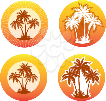 Tropical Landscape with Palms Trees Silhouettes on Background with Circle and Beams. Icons, Logo or Labels.