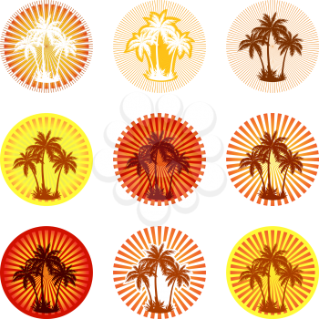 Tropical Landscape with Palms Trees Silhouettes on Background with Circle and Beams. Icons, Logo or Labels. Vector