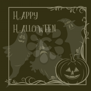 Background for Holiday Halloween Design, Cartoon Ghosts Silhouettes and Pumpkin Jack O Lantern Contours. Vector