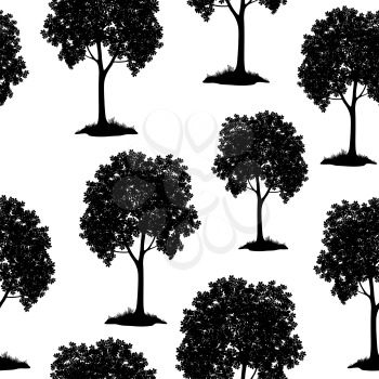 Seamless Pattern, Chestnut Tree, Black Silhouette Isolated on Tile White Background. Vector