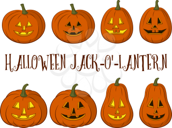 Holiday Halloween Symbols, Cartoons Pumpkins Jack O Lantern Set Isolated on White Background. Vector