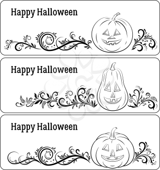 Holiday Halloween Labels Set, Cartoons Pumpkins Jack O Lantern and Floral Pattern, Black Contours Isolated on White Background. Vector