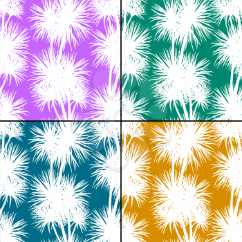 Set Exotic Floral Seamless Patterns, Tropical Palms Trees White Silhouettes on Colorful Tile Background. Vector