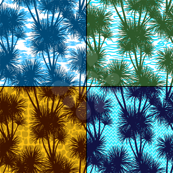 Set Exotic Floral Seamless Patterns, Tropical Palms Trees Colorful Silhouettes on Abstract Tile Background. Vector