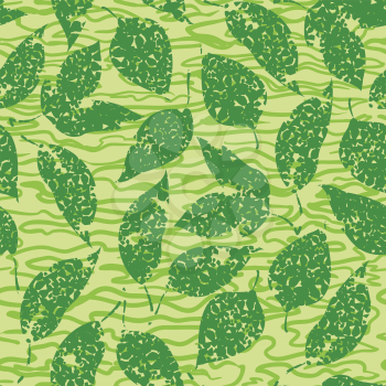 Seamless Background with Green Leaves on Abstract Tile Pattern. Vector