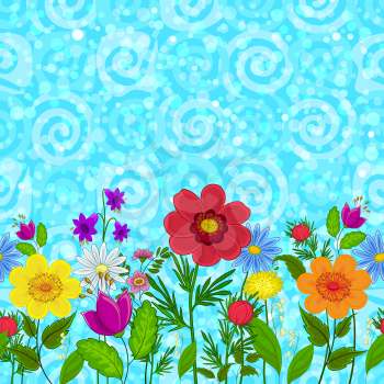 Horizontal Seamless Background, Colorful Flowers on Abstract Blue Sky Background with Spirals and Circles. Vector