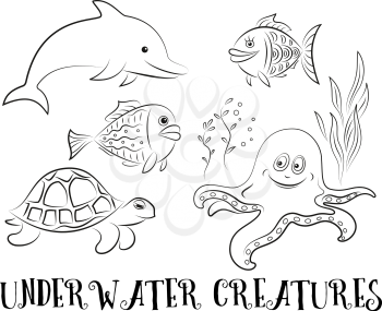 Sea Creatures Set, Cartoon Dolphin, Fish, Turtle, Octopus and Algae Black Contours Isolated on White Background. Vector