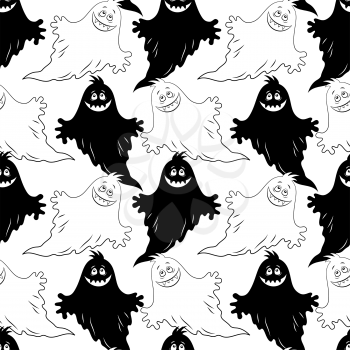 Seamless Patterns, Symbols Halloween Holiday, Ghosts, Black Silhouettes and contours on Tile White Background. Vector