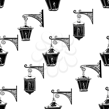 Seamless Pattern, Vintage Street Luminescent Lanterns Covered with Snow, Hanging on a Decorative Brackets, Black Silhouettes Isolated on Tile White Background. Vector