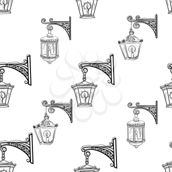 Seamless Pattern, Vintage Street Luminescent Lanterns Covered with Snow, Hanging on a Decorative Brackets, Black Contours Isolated on Tile White Background. Vector