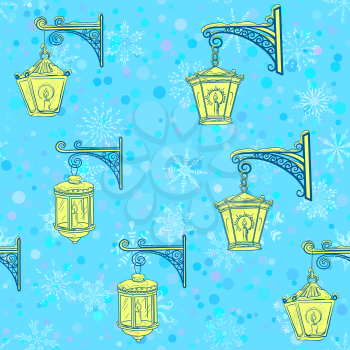 Seamless Pattern, Vintage Street Luminescent Lanterns Hanging on a Decorative Brackets, Contours on Tile Blue Background with White Snowflakes. Vector