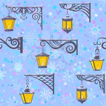 Seamless Pattern, Vintage Street Luminescent Lanterns Hanging on a Decorative Brackets on Tile Blue Background with White Snowflakes. Vector
