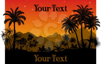 Tropical Night Landscape, Palm Trees and Exotic Plants Black Silhouettes on the Background of Mountains and Starry Sky. Eps10, Contains Transparencies. Vector