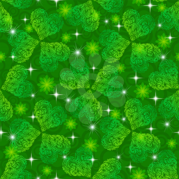 Seamless Floral Tile Pattern, Green Symbolic Clover Plants, Flowers and Stars. Eps10, Contains Transparencies. Vector