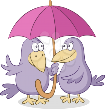 Cartoon Birds, Crows Friends Chatting Under a Pink Umbrella, Isolated on White Background. Vector