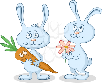 Cartoon Rabbits, Funny Characters with Carrot and Flower, Isolated on White Background. Vector