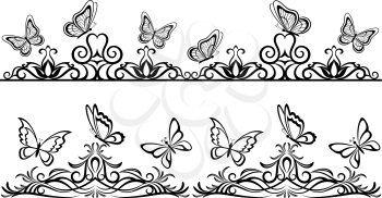Horizontal Seamless Patterns with Butterflies Black Contours on Tile White Background. Vector