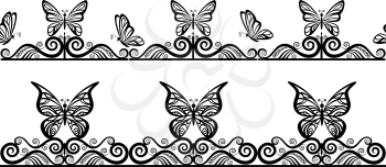 Horizontal Seamless Patterns with Butterflies Black Contours on Tile White Background. Vector